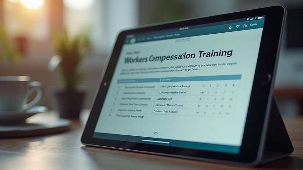 Close-up view of a digital tablet showing a workers compensation training module