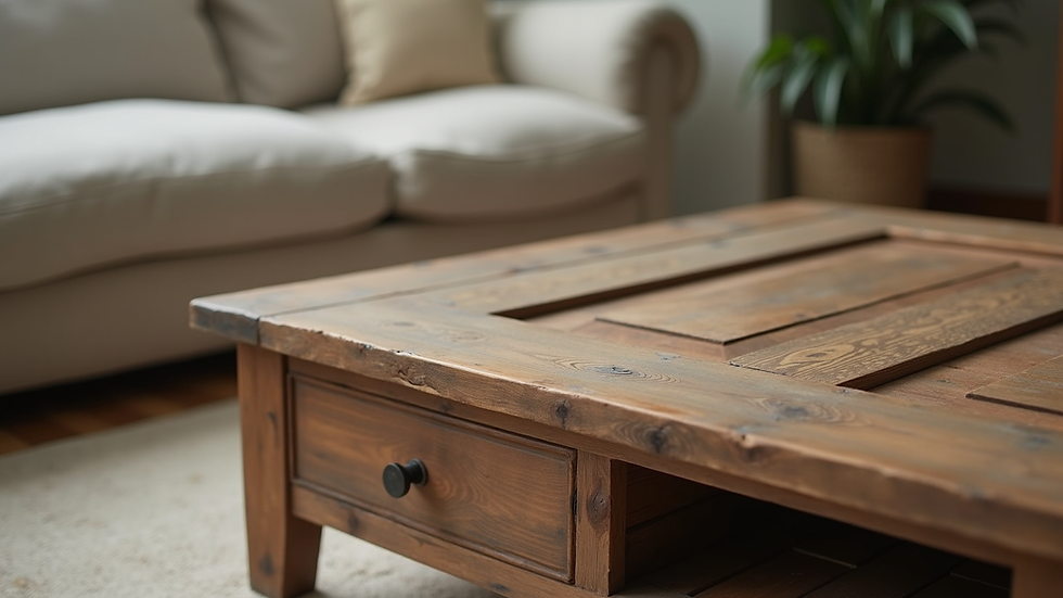Close-up view of a rustic coffee table made from an upcycled wooden door