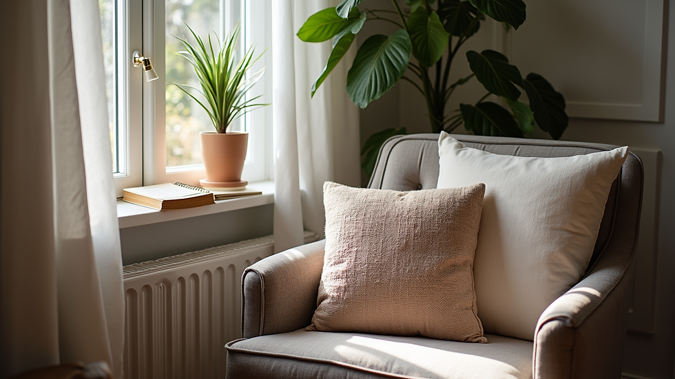 Cozy reading nook with pillows and a stylish chair