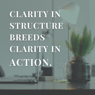 Neutral background of an office with text overlay that reads: Clarity in structure breeds clarity in action.