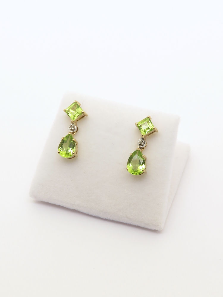 Thumbnail: 9ct Gold Peridot & Diamond Drop Earrings