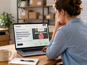 Woman in a bright office studies a laptop showing Business Training for Aspiring Entrepreneurs, with a video and Get Started button.