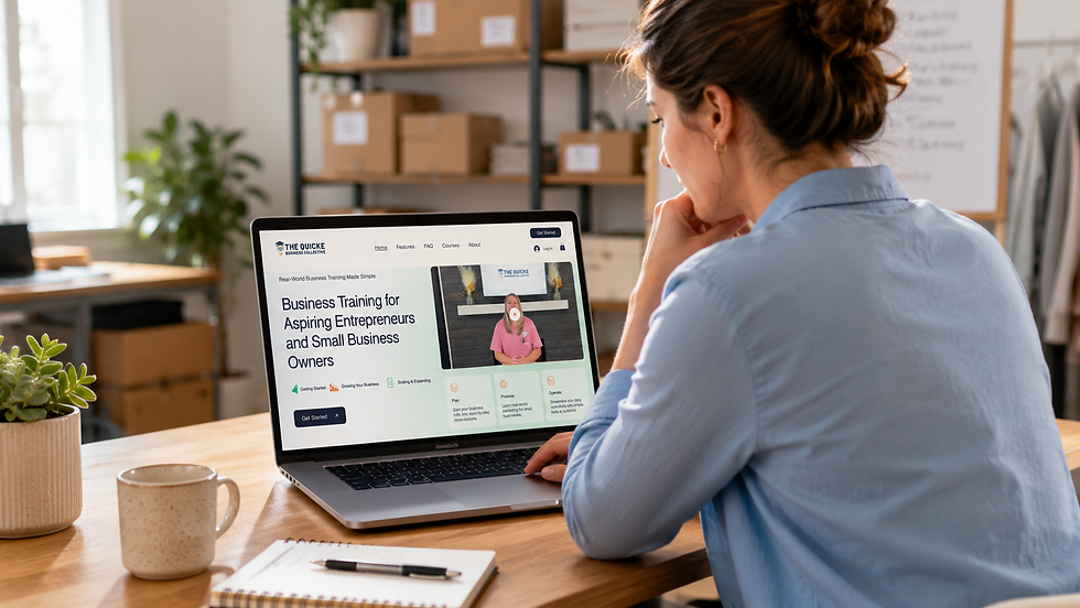 Woman in a bright office studies a laptop showing Business Training for Aspiring Entrepreneurs, with a video and Get Started button.