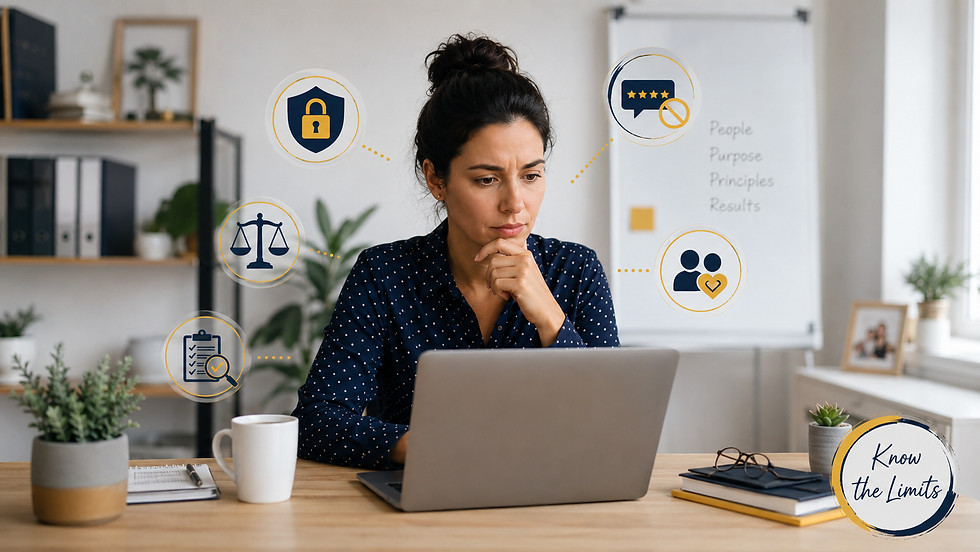 Woman at laptop in office, thinking; icons for security, ethics, feedback, people, checklist, and the text Know the Limits סביב? Need no quotes and concise. But include visible text. Let's ensure char count. "Woman at laptop in office, thinking; icons for security, ethics, feedback, people, checklist, and Know the Limits text." Count maybe 129. Need no quotes. Let's deliver.