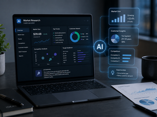 Small business owner using AI for market research on a laptop