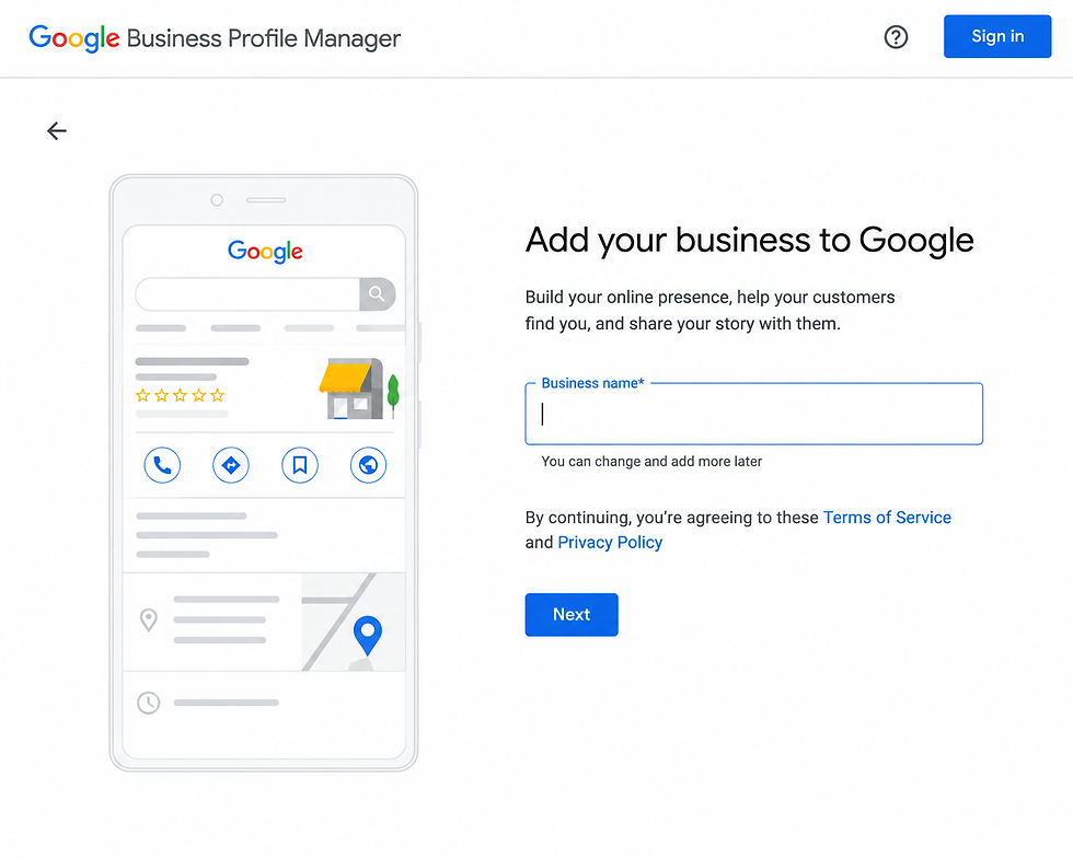 Google Business Profile Manager page to add your business to Google, with business name field, Next button, and Sign in link.
