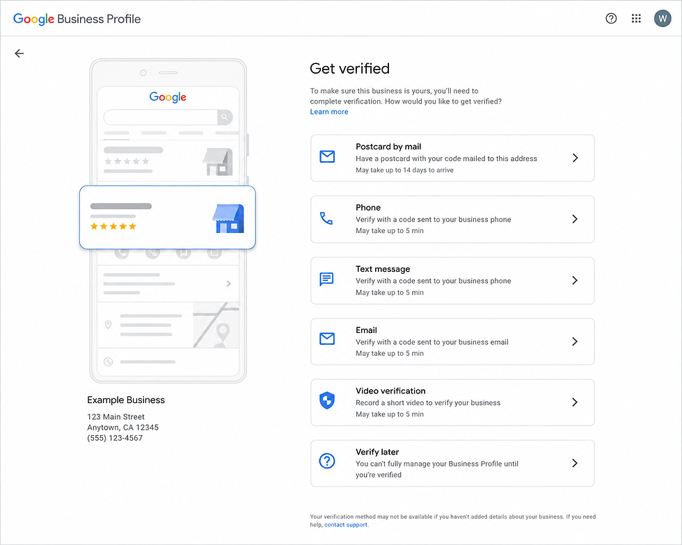 Google Business Profile verification screen showing methods: postcard, phone, text, email, video, and verify later.