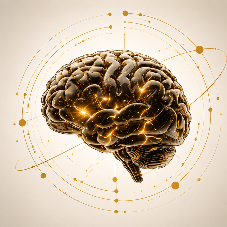 Futuristic golden brain with glowing neural connections and circular orbit-like lines on a warm beige background, square aspect ratio.
