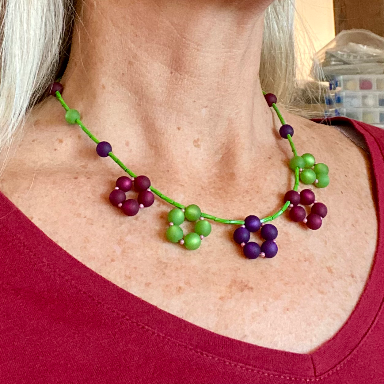 Cassis, Pea Green and Deep Pansy Blossom Necklace