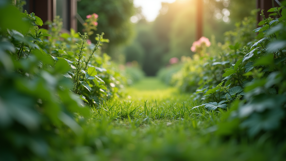 Eye-level view of a lush green garden with diverse plants