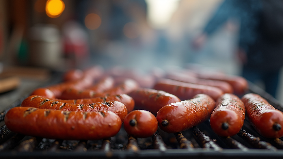 Close-up view of a street vendor grilling chorizo sausages