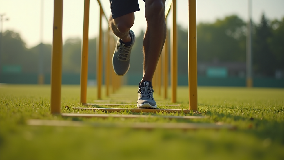 Close-up of feet performing ladder agility drills on grass