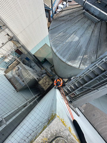 Art of Alpine rope access technician performing building maintenance