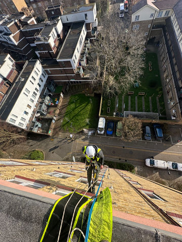 Art of Alpine rope access technician performing building maintenance
