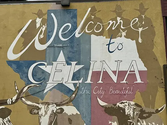 A colorful Welcome to Celina mural representing the service area for Hogan’s Pro Services exterior home detailing.