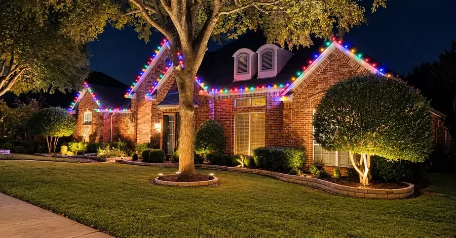 Professional Christmas light installation on a North Texas home.