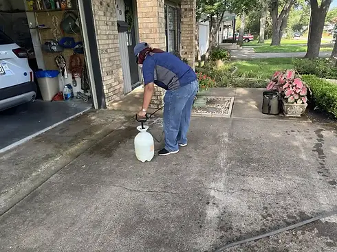 Applying a professional cleaning solution to a concrete driveway before pressure washing at a Richardson, TX home.