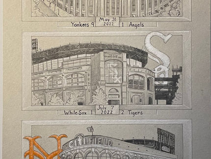 drawing in fineliner of ballparks in new york, chicago, and also new york