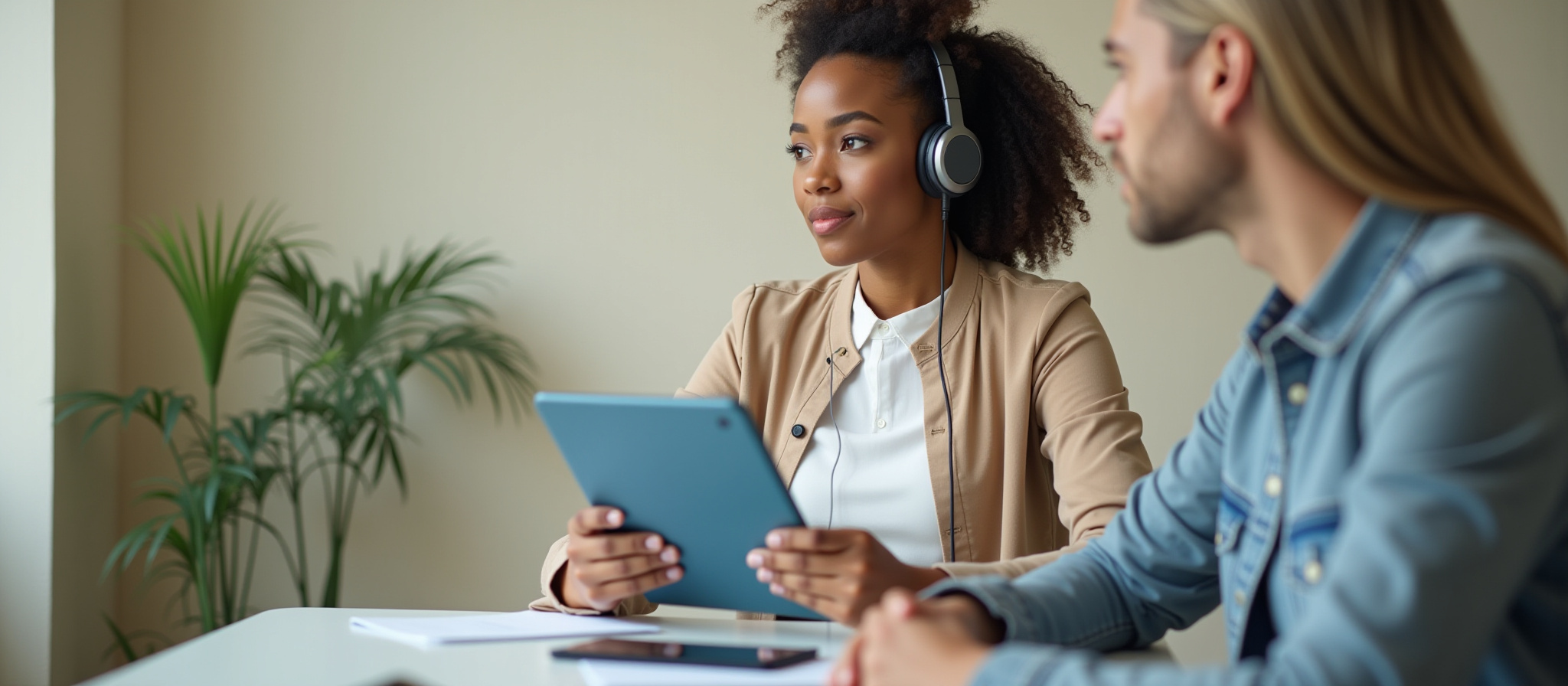 Woman with headphones providing interpreting services