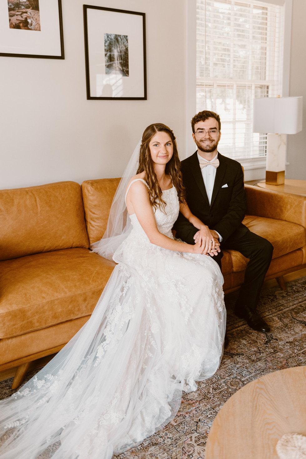 bride and groom inside trendy air b&b