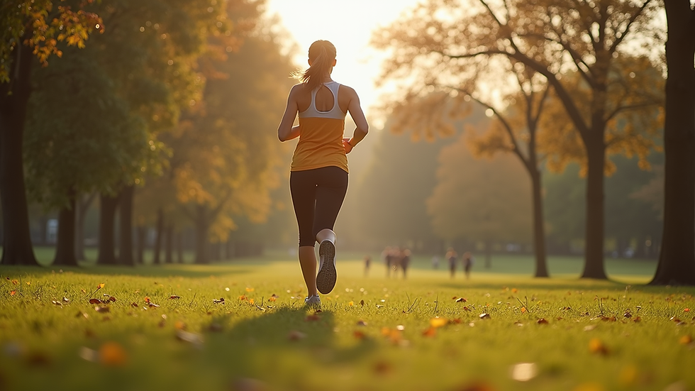 Eye-level view of a woman jogging in a park