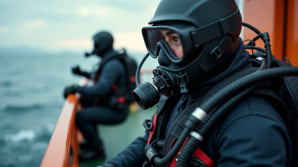 Close-up of professional diving equipment on a boat deck