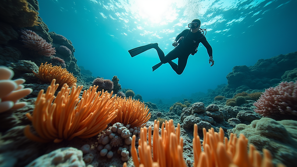 Eye-level view of a diver exploring a vibrant coral reef