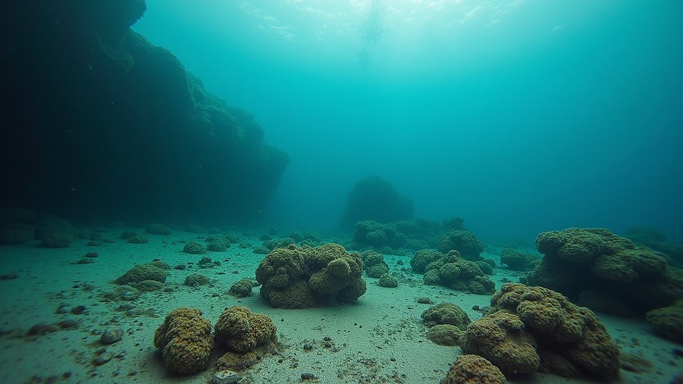 Wide angle view of a UK coastal dive site with clear water and rocky seabed