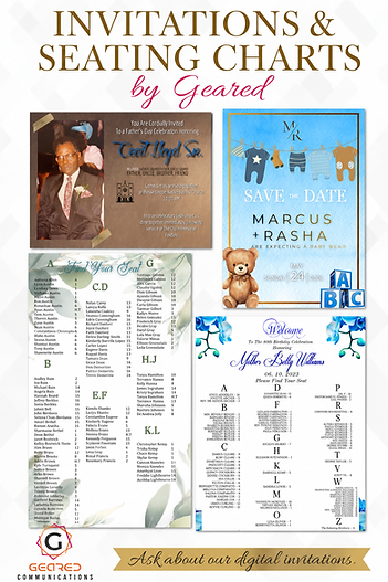 Firefly_gpt-image_Create catalog page titled Invitations & Seating Charts by Geared. Only