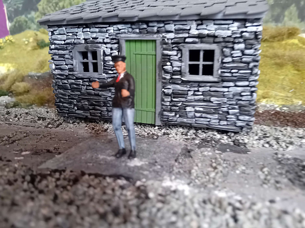 Thumbnail: Fig: 24: O Gauge steam loco driver standing with left hand on regulator