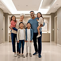 A diverse family of four, including grandparents, parents, and children, smiling in a luxu