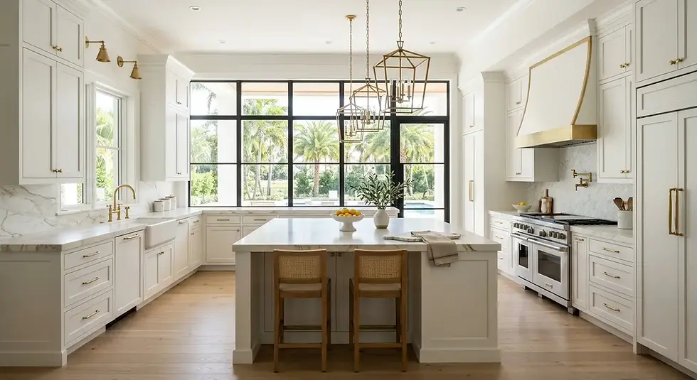 Luxury custom kitchen with white shaker cabinets, marble countertops, and premium appliances in a Palm Beach home.