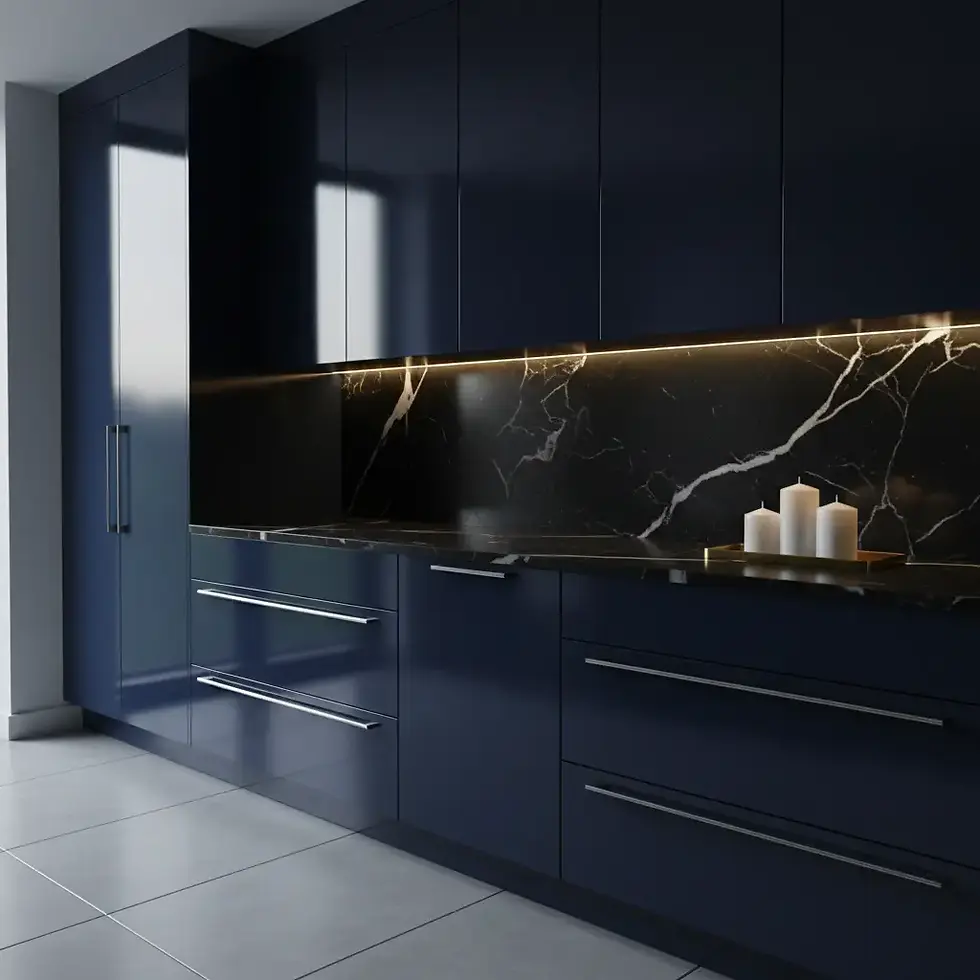 Mirror-finish high-gloss lacquer cabinets in deep navy blue with integrated LED lighting and polished chrome hardware
