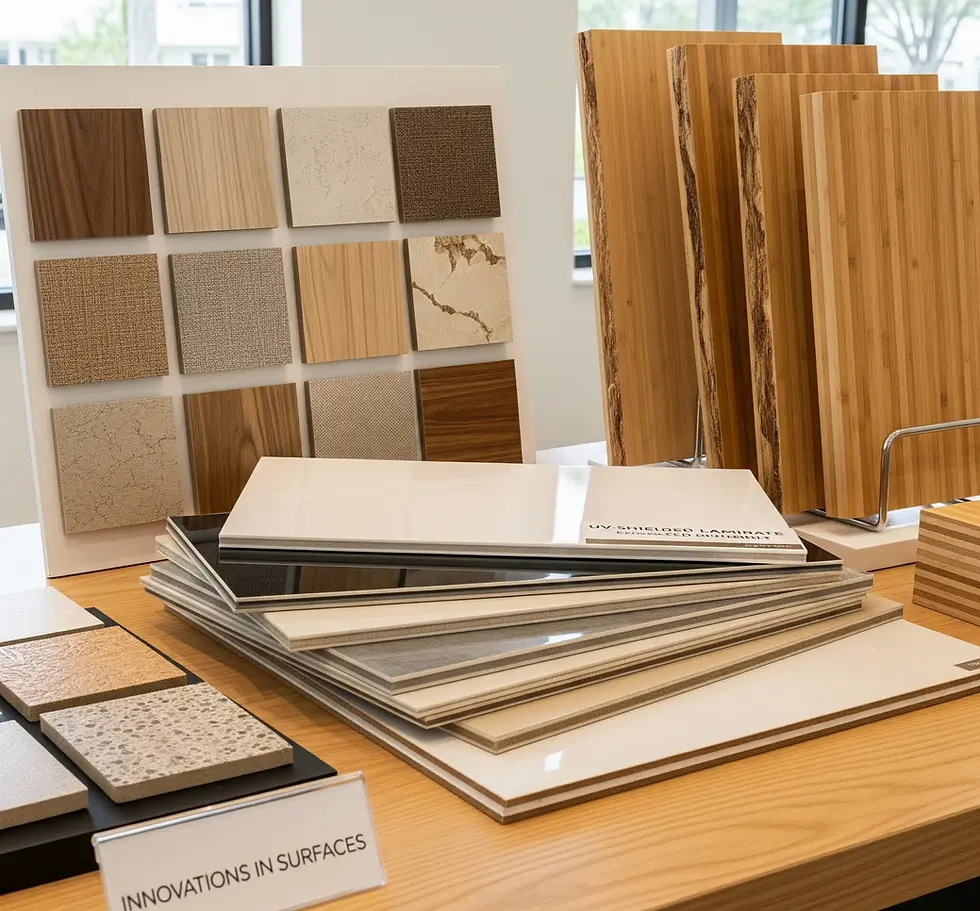 Slab cabinet material samples at Palm Beach showroom with humidity-resistance ratings