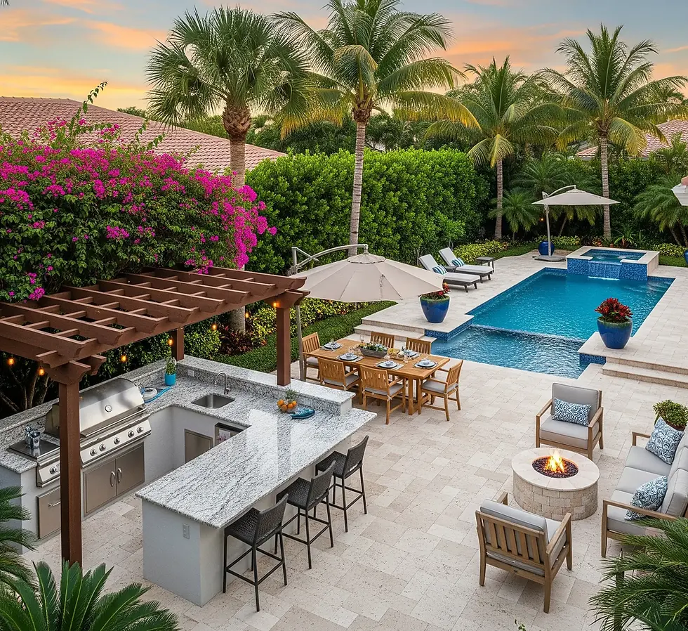An aerial or elevated wide shot of a complete outdoor kitchen layout in a West Palm Beach backyard