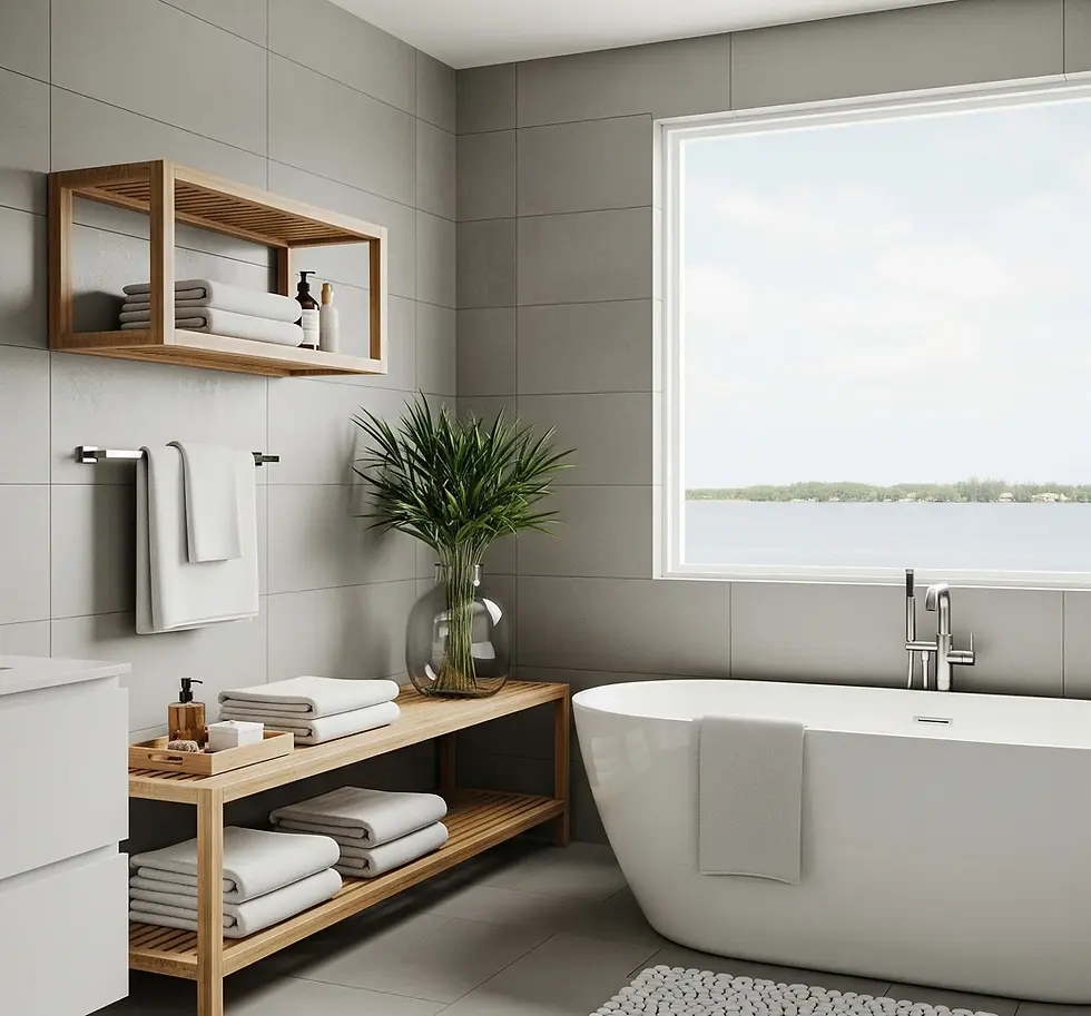 2 Scandinavian spa bathroom with 12x24 matte gray wall tiles, jupiter palm beach
