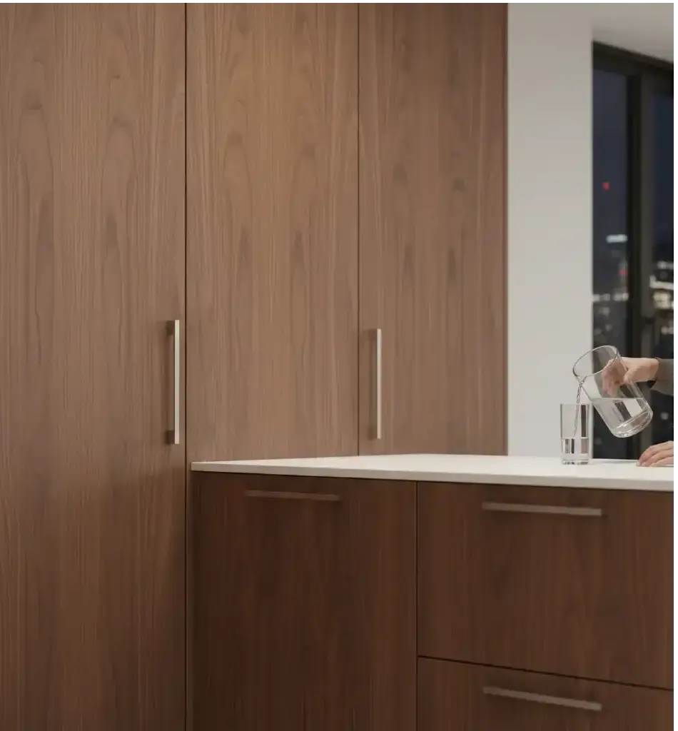 Contemporary Palm Beach kitchen featuring seamless, flat-panel wood veneer cabinets in a warm walnut finish