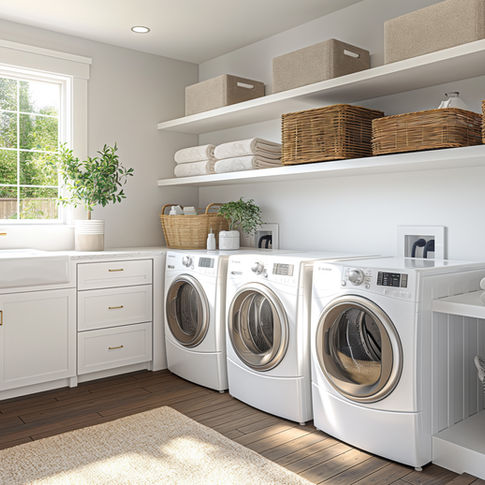 Converted laundry garage in Palm Beach with heavy-duty shelves and cabinets for appliances and tools