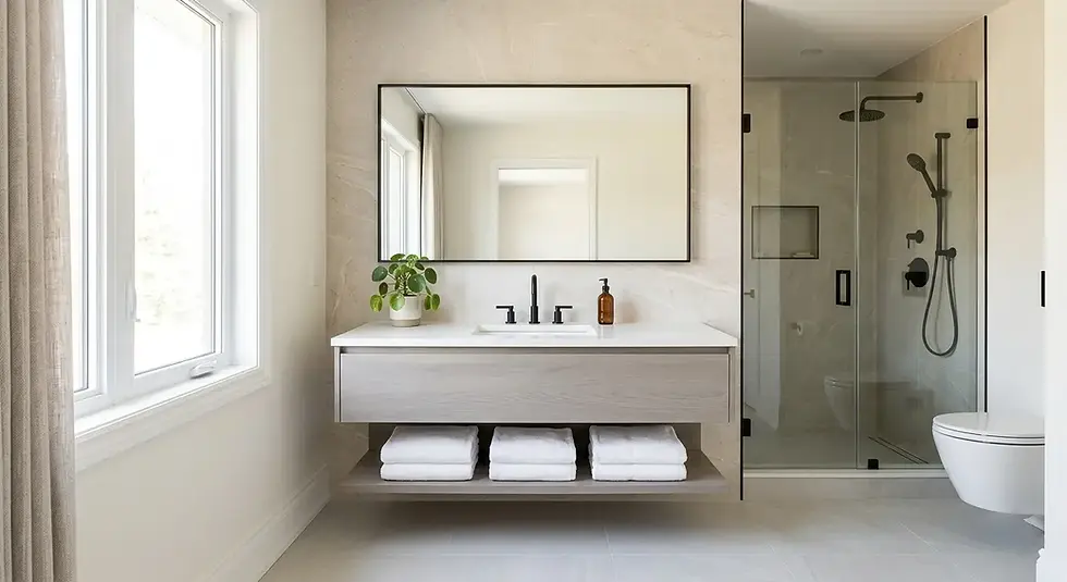 Newly remodeled bathroom with floating white vanity and quartz countertop in Palm Beach County Florida home