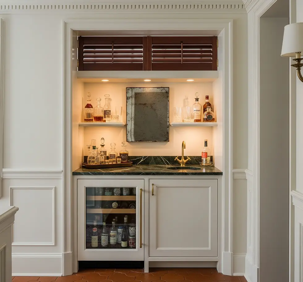 Compact hallway wet bar with hidden storm shutters in Palm Beach historic district