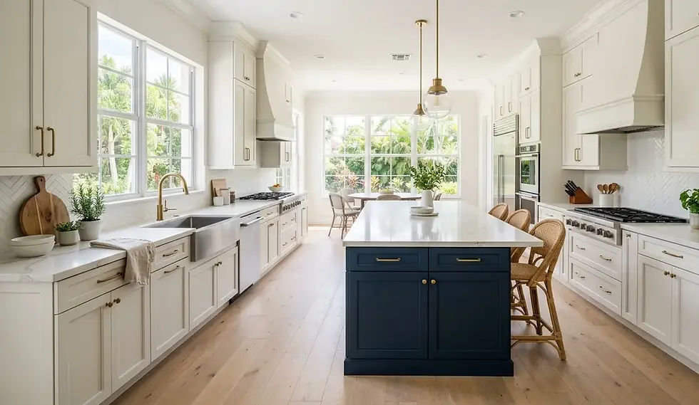 Custom shaker kitchen cabinets with white quartz countertop and navy island in Wellington FL home