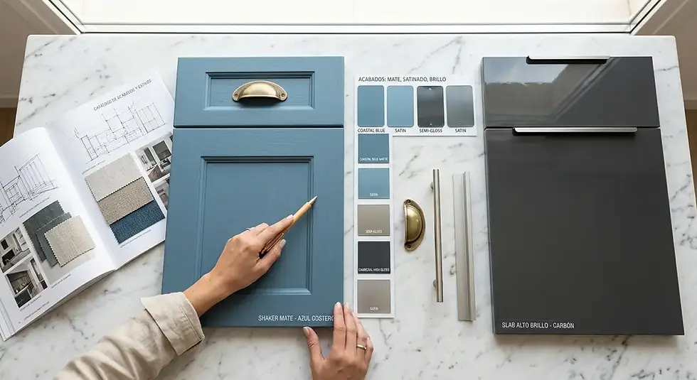 Design consultation with shaker and slab cabinet door samples, finish options, and hardware selections on a marble table