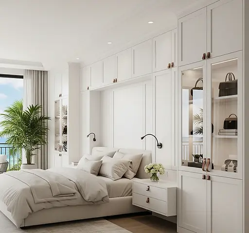 floor-to-ceiling white built-in cabinets in a Palm Beach master bedroom.webp