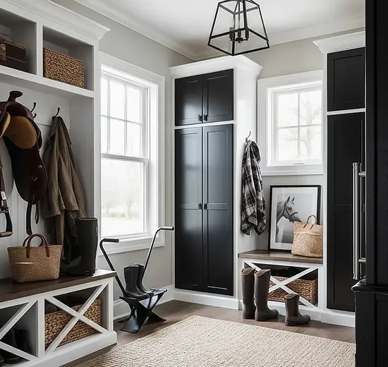 Black and white mudroom storage cabinets Wellington Florida.webp