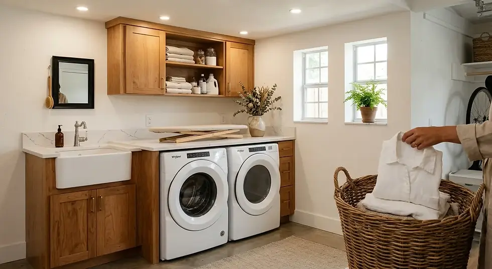 Shaker style plywood cabinets with shaker drawer fronts, quartz countertop, front load washer and dryer in a Florida garage laundry room, warm natural lighting, partial hand folding white garment into wicker basket