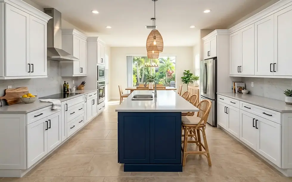 Mid-range kitchen renovation with white shaker cabinets and navy blue island in Stuart Florida_