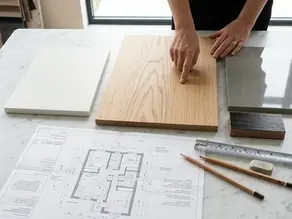 Design consultation with MDF and plywood cabinet samples, finish options, and architectural plans on a marble table