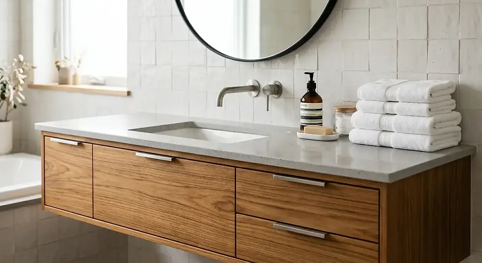 Moisture-resistant floating bathroom vanity with teak wood finish and stainless steel hardware in South Florida home