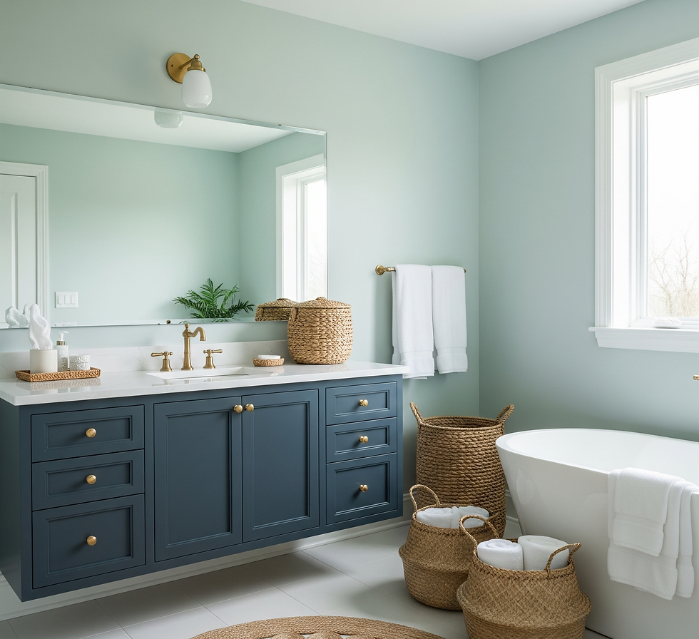 Coastal contemporary bathroom with seafoam green walls and navy blue vanity in Palm Beach style.