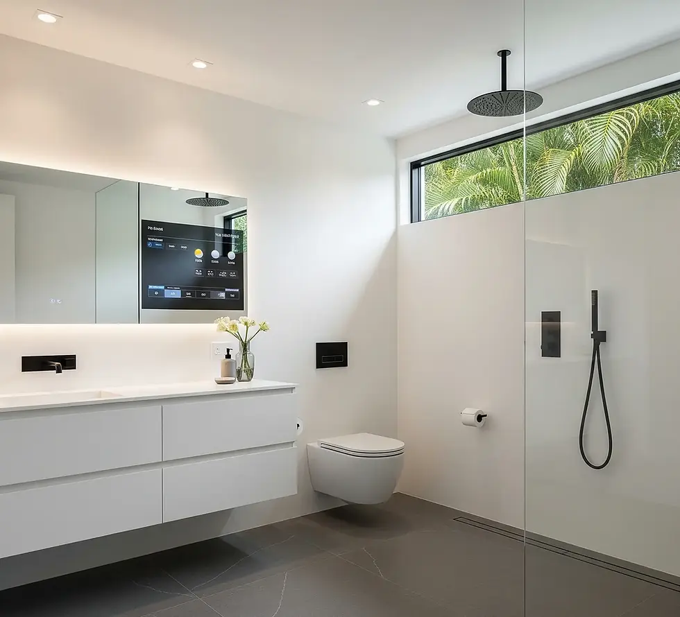 Sleek minimalist bathroom with smart technology and handle-less vanity in Palm Beach Gardens.